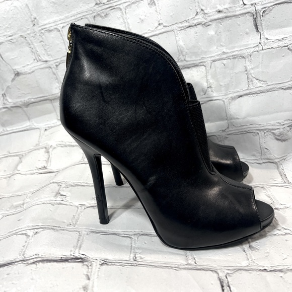 GUESS Women's "Ashleigh" Black Leather Peeptoe Booties with Stiletto Heel-6.5 - Picture 2 of 11